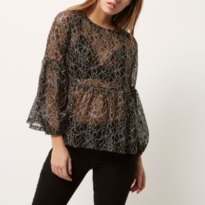 Black and white lace tiered smock top